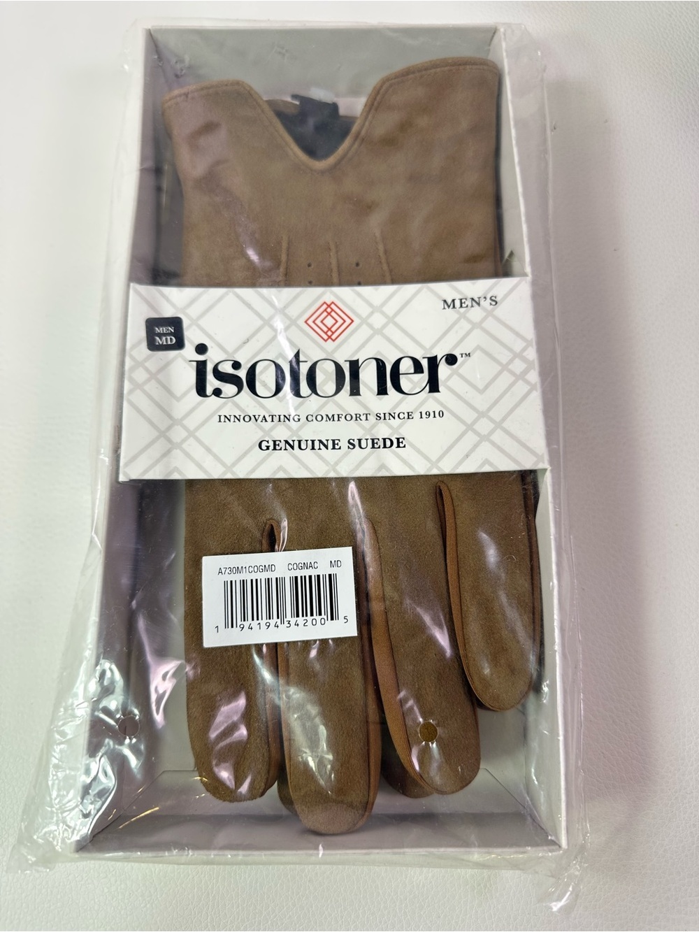NEW Men’s SZ Med Isotoner Suede Stretch Smart Gloves in Cognac Brown